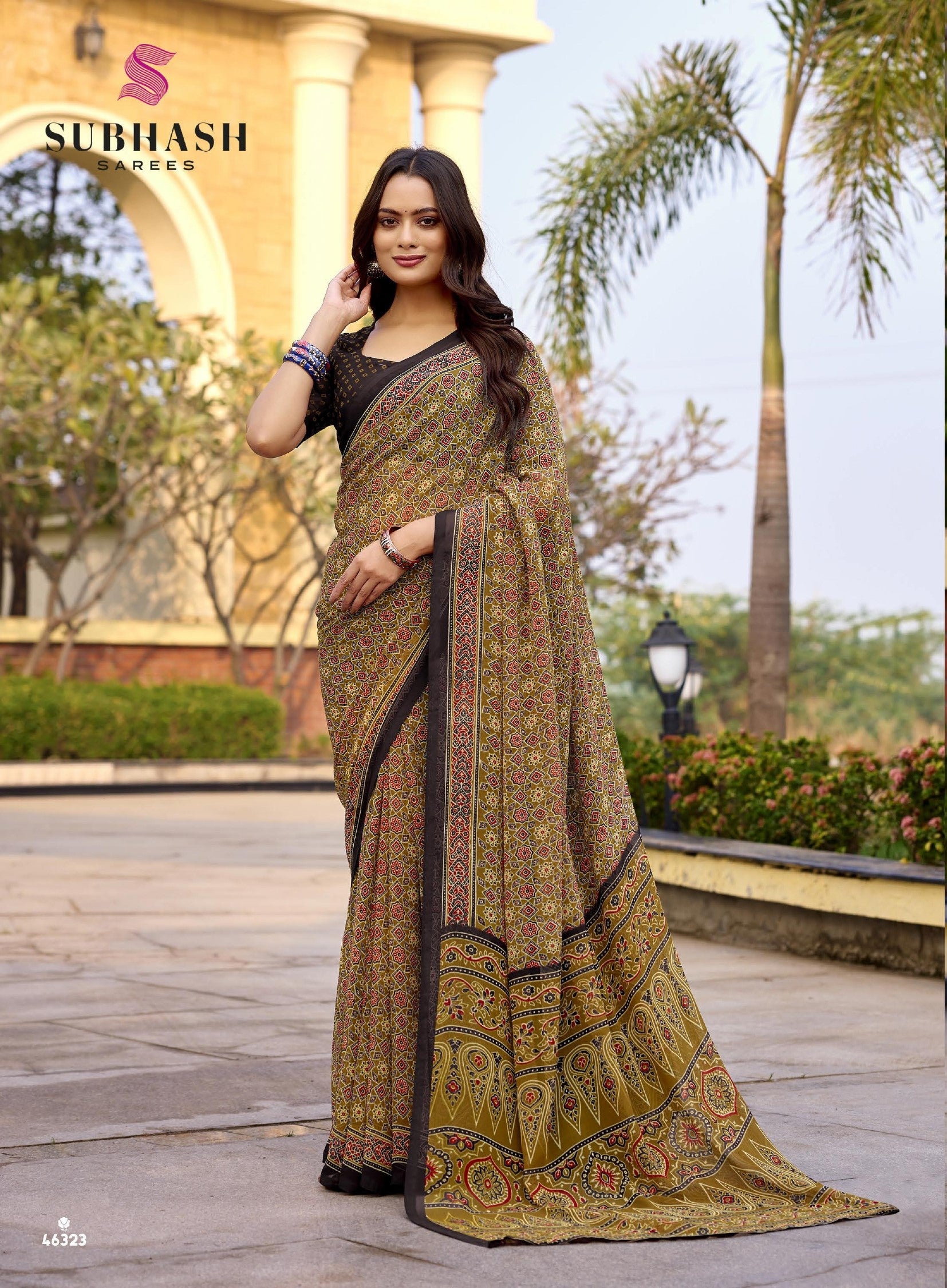 Subhash Homemaker-19 D.No.46323 Soft Georgette Traditional Printed Saree – Olive Green – Single Piece by M.R. Saree Emporium