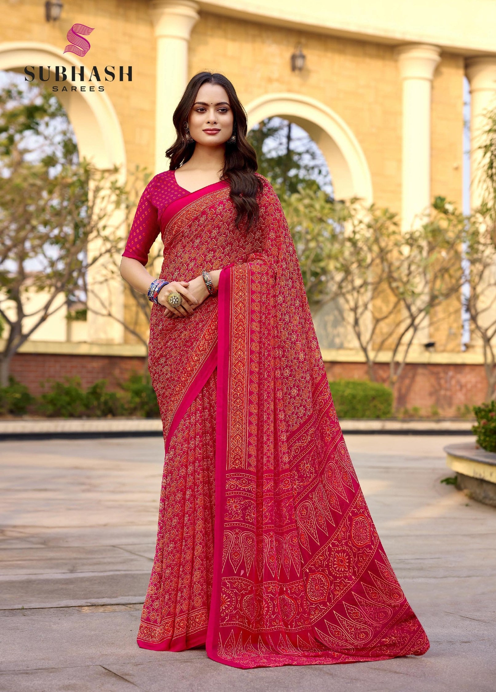 Subhash Homemaker-19 D.No.46325 Soft Georgette Traditional Printed Saree – Red Pink – Single Piece by M.R. Saree Emporium