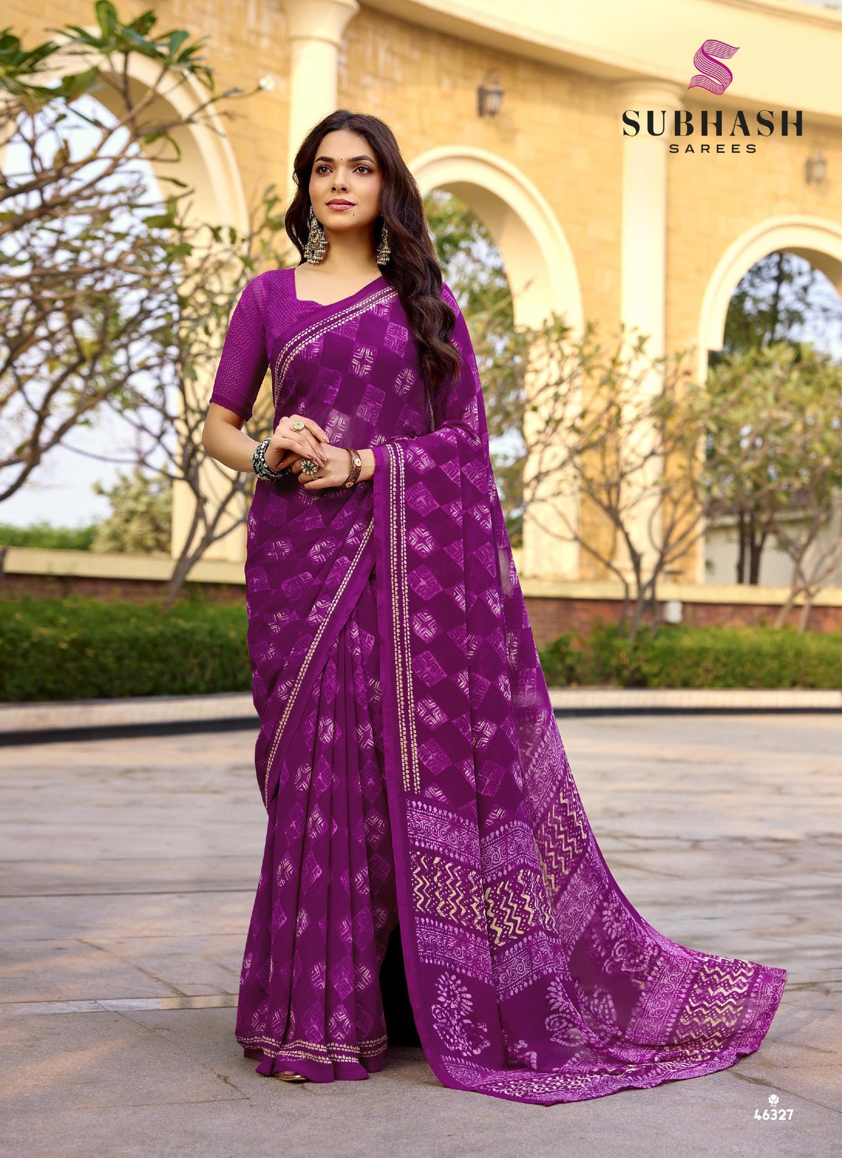 Subhash Homemaker-19 D.No.46327 Soft Georgette Traditional Printed Saree – Purple – Single Piece by M.R. Saree Emporium