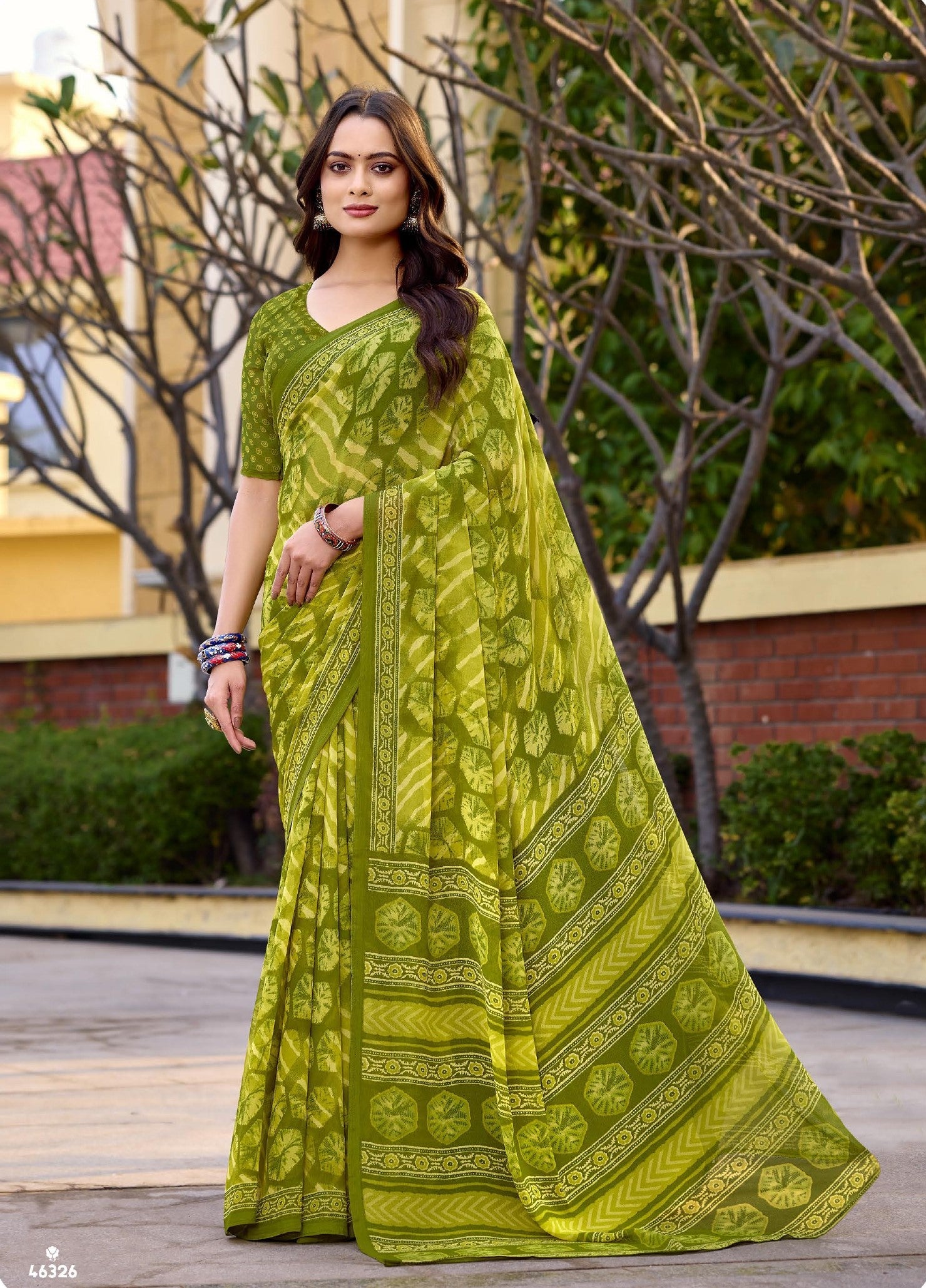 Subhash Homemaker-19 D.No.46326 Soft Georgette Traditional Printed Saree – Light Olive Green – Single Piece by M.R. Saree Emporium