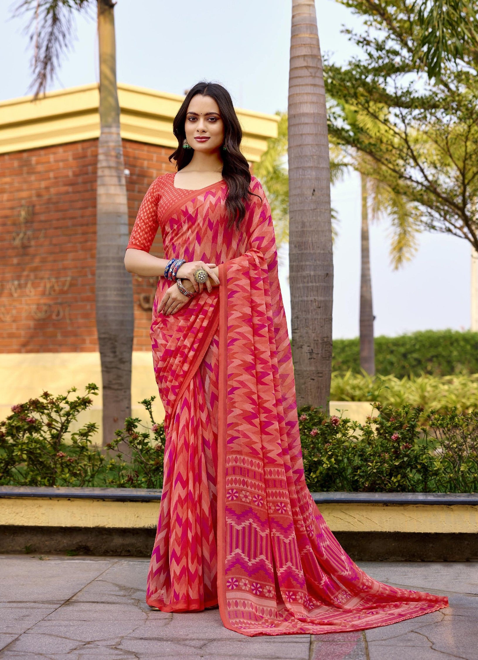 Subhash Homemaker-19 D.No.46328 Soft Georgette Designer Printed Saree – Peach Pink – Single Piece by M.R. Saree Emporium