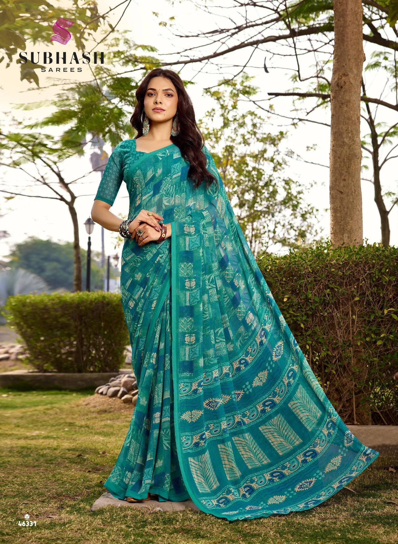 Subhash Homemaker-19 D.No.46331 Soft Georgette Traditional Printed Saree – Teal Green – Single Piece by M.R. Saree Emporium