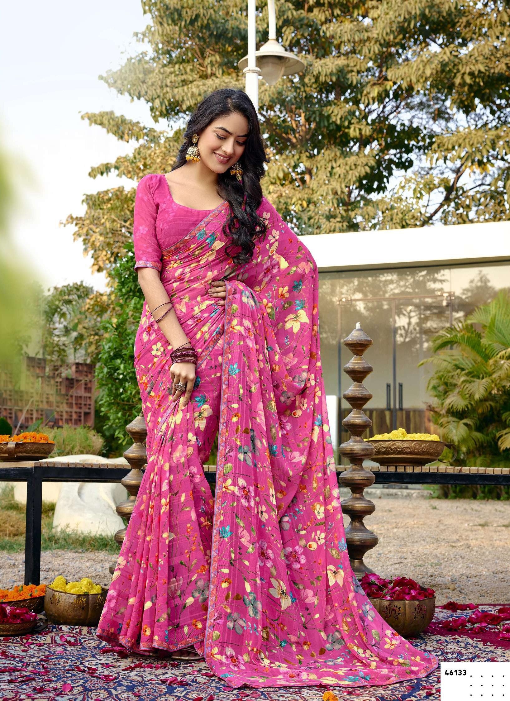 Subhash Prakruti-16 D.No-46133 Georgette Chiffon Floral Saree – Single Piece-M.R. Saree Emporium