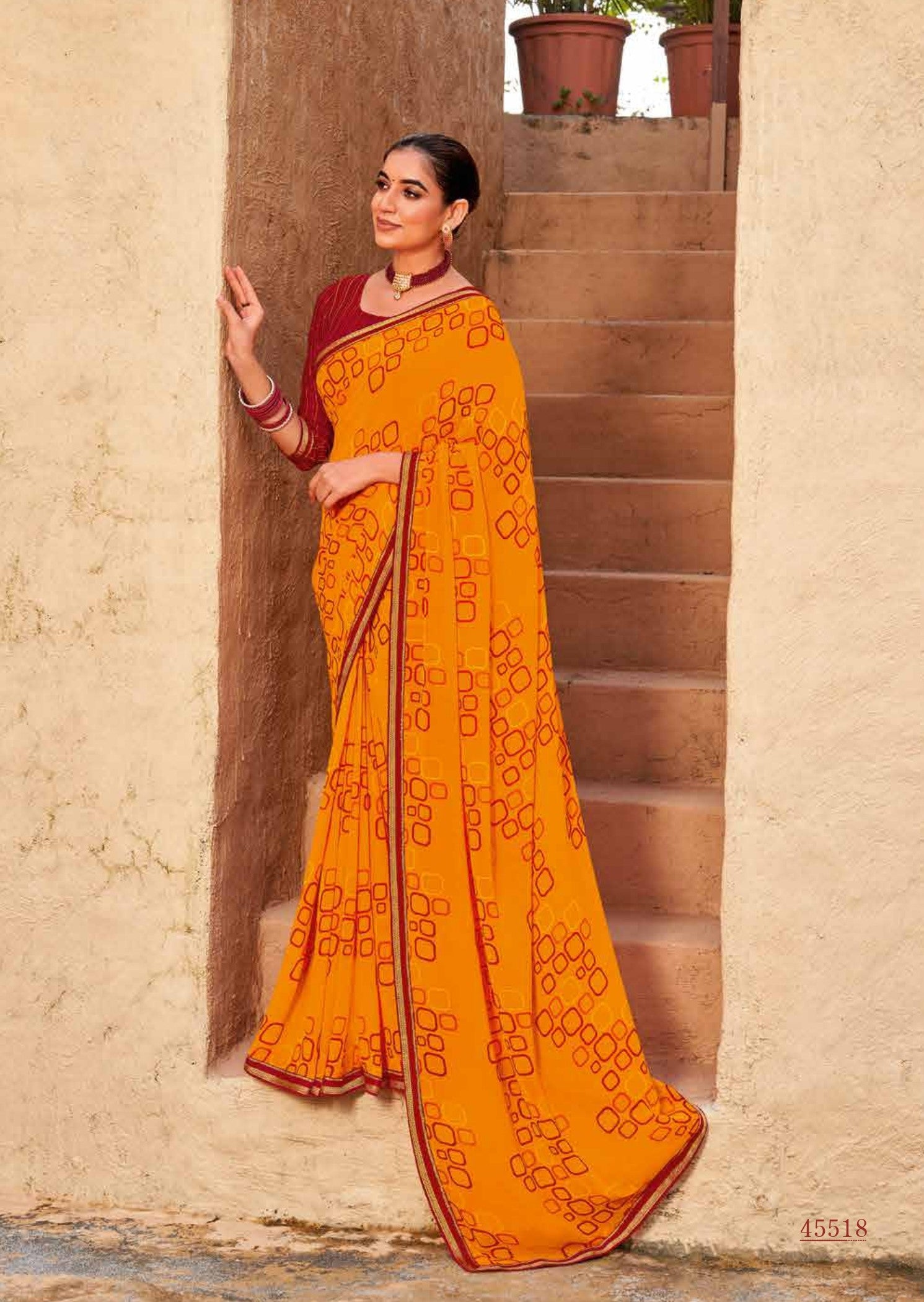 Subhash Radha D.No.45518 Soft Georgette Designer Printed Saree – Mustard Yellow – Single Piece by M.R. Saree Emporium