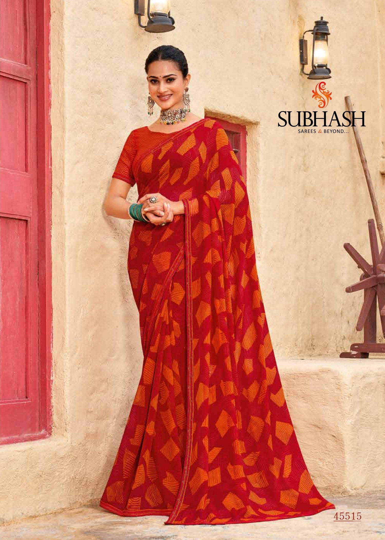Subhash Sarees D.No-45515 Red Printed Georgette Saree With Border - M.R. Saree Emporium