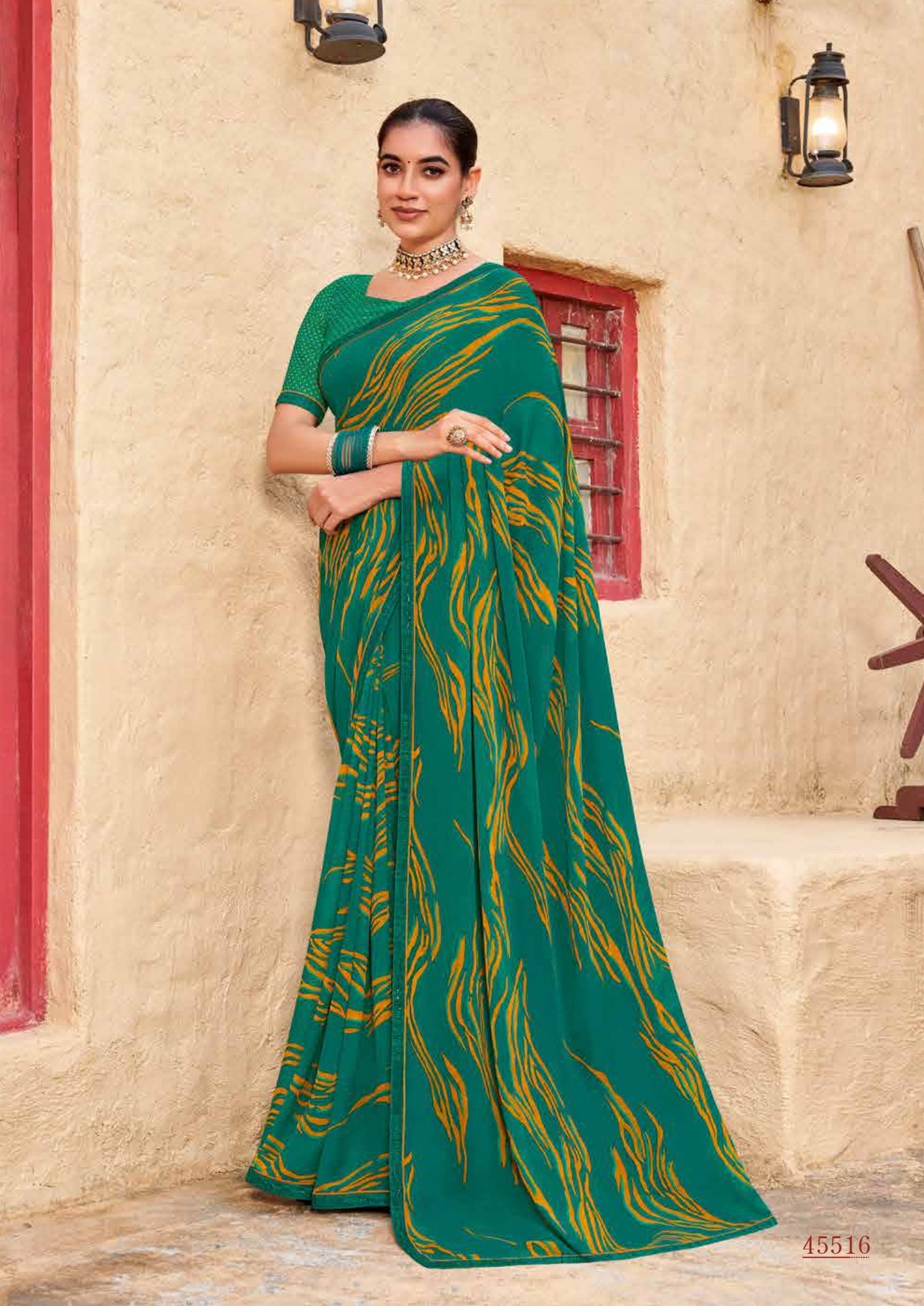 Subhash Sarees Radha-09 D.No-45516 Green Printed Georgette Saree With Border - M.R. Saree Emporium