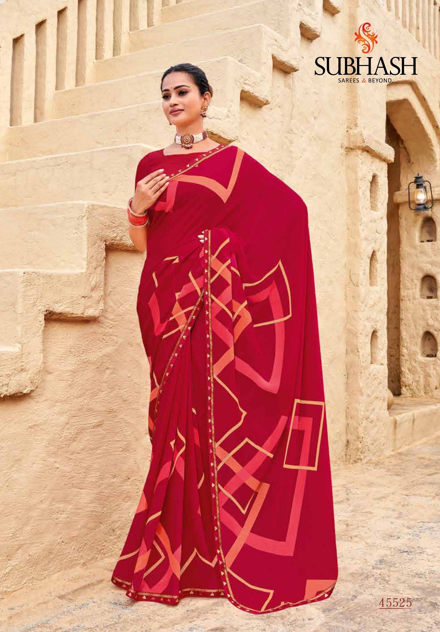 Subhash Sarees Radha-09 D.No-45525 Red Printed Georgette Saree With Border - M.R. Saree Emporium