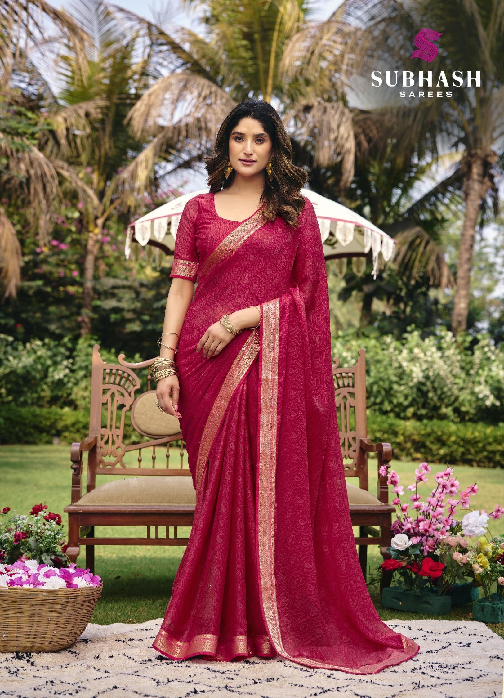 Subhash Riviera-27 D.No 46266 Pink Chiffon Saree with Golden Border-M.R. Saree Emporium