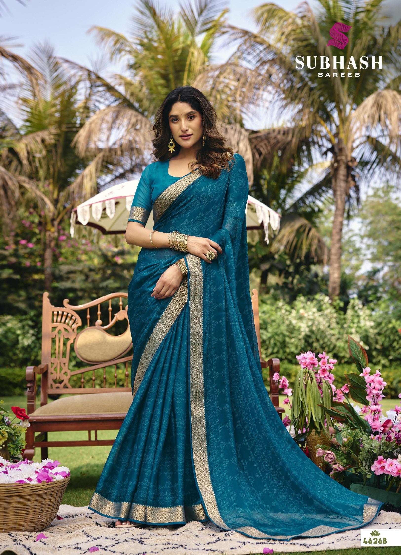 Subhash Riviera-27 D.No 46268 Teal Blue Chiffon Saree with Golden Border-M.R. Saree Emporium