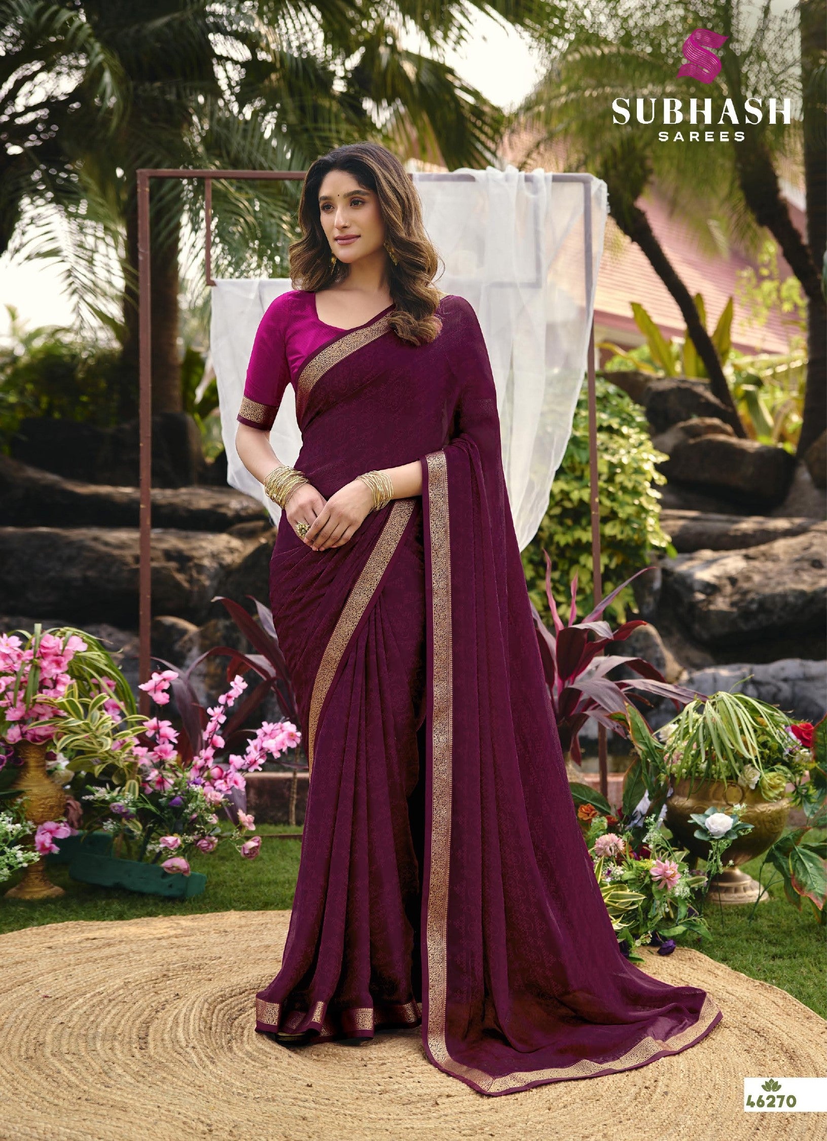 Subhash Riviera-27 D.No 46270 Wine Chiffon Saree with Golden Border-M.R. Saree Emporium