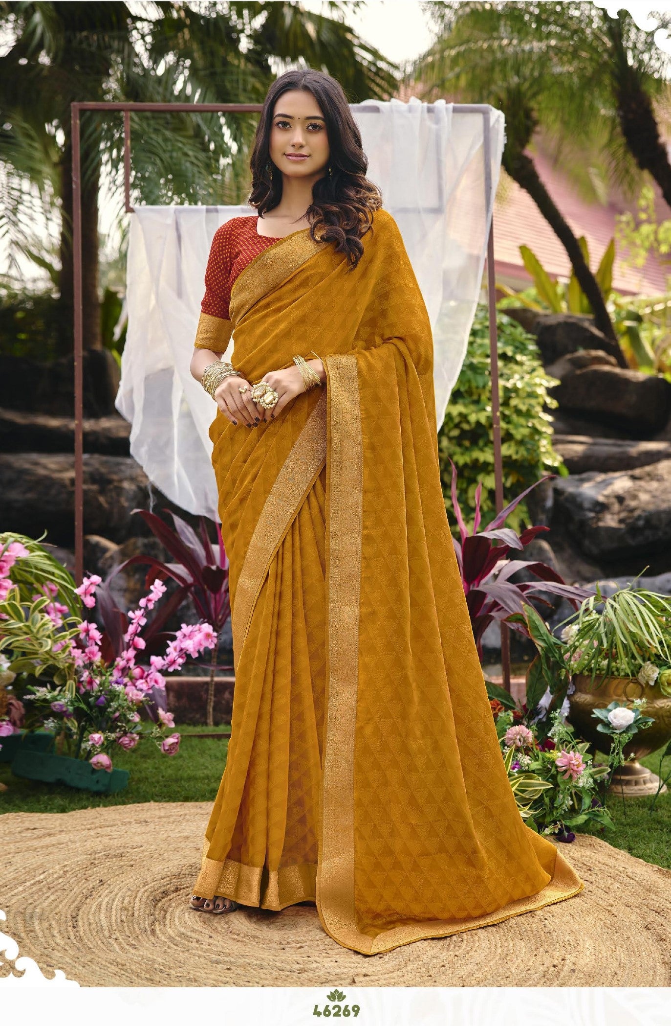 Subhash Riviera-27 D.No 46269 Mustard Chiffon Saree with Golden Border-M.R. Saree Emporium