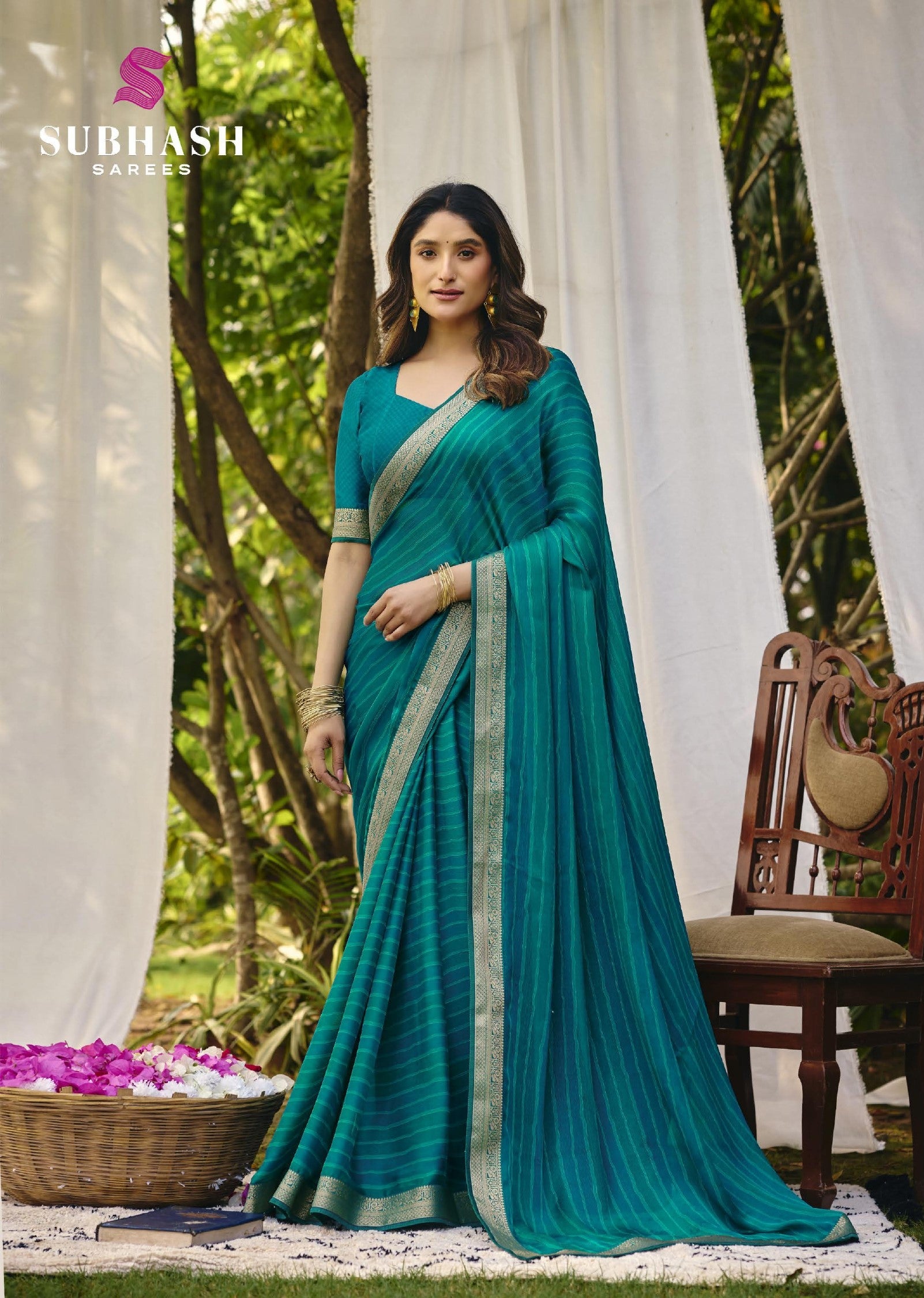 Subhash Riviera-27 D.No 46271 Rama Green Chiffon Saree with Golden Border-M.R. Saree Emporium