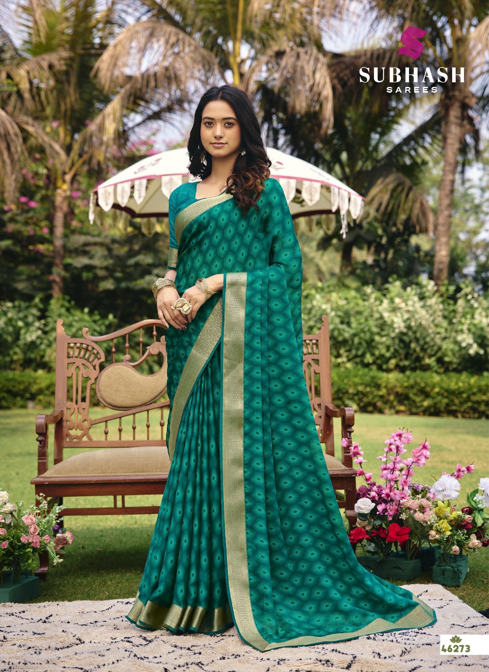 Subhash Riviera-27 D.No 46273 Emerald Green Chiffon Saree with Golden Border-M.R. Saree Emporium