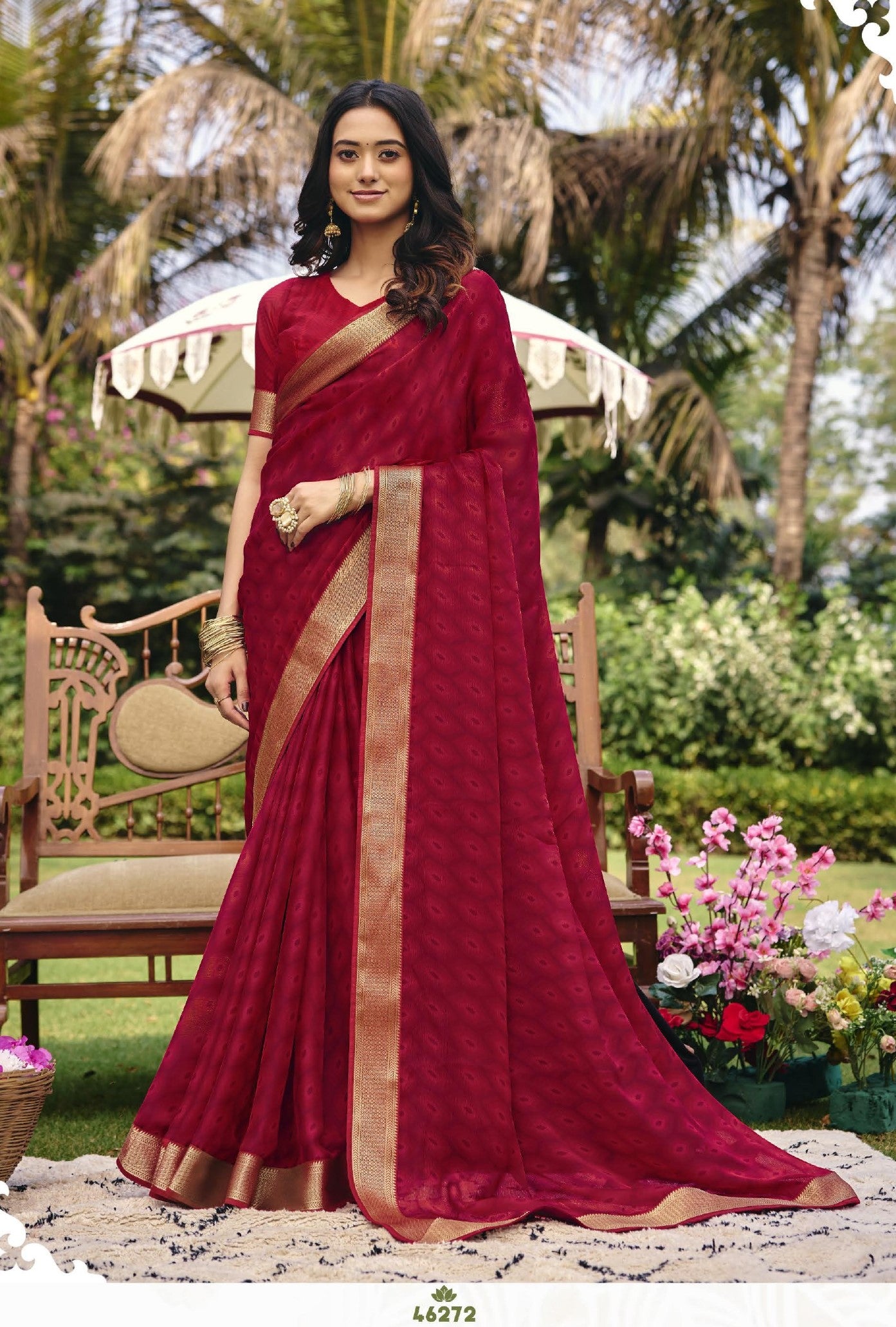 Subhash Riviera-27 D.No 46272 Red Chiffon Saree with Golden Border-M.R. Saree Emporium