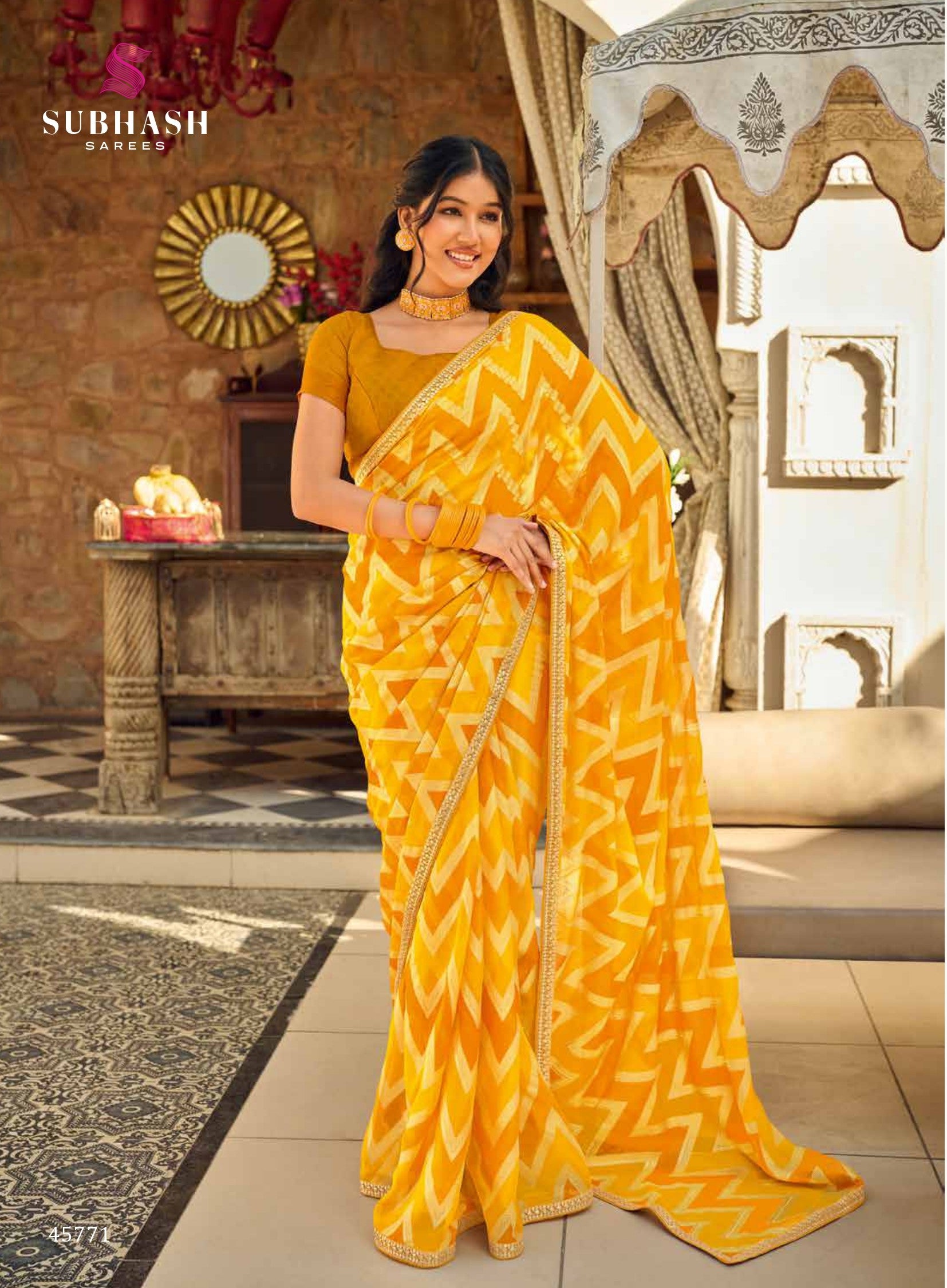 Subhash Sarbani-11 D.No-45771 Yellow Printed Synthetics Saree With Border - M.R. Saree Emporium