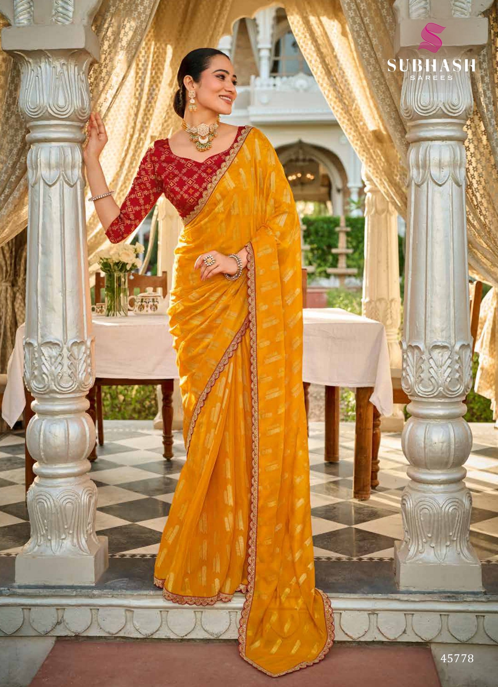 Subhash Sarbani-11 D.No-45778 Mustard Yellow Printed Synthetics Saree With Border - M.R. Saree Emporium