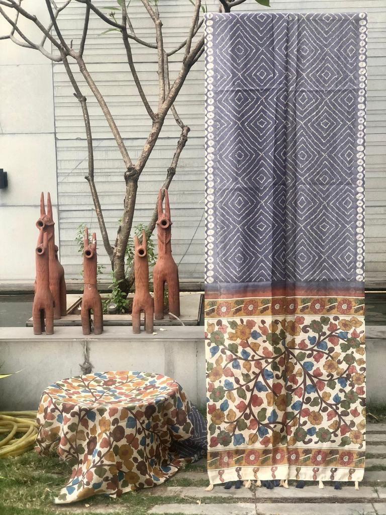 Uvs Summer Loom Silk Linen Feel Saree - Batik Design - Rich Floral Pallu - Fancy Border - 4 Pcs Set - M.R. Saree Emporium