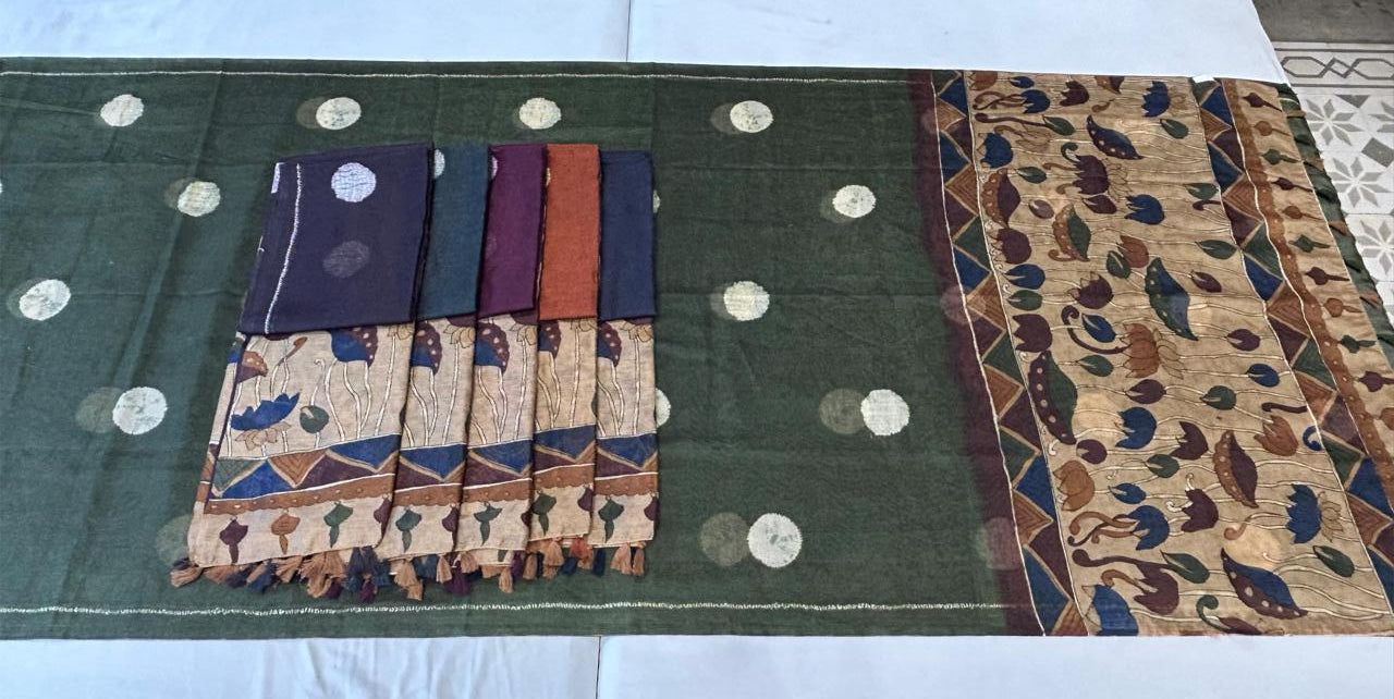 UVS Summer Loom Saree - Polka Dot Design - Floral Printed Pallu - Fancy Border - 6 Pcs Set - M.R. Saree Emporium