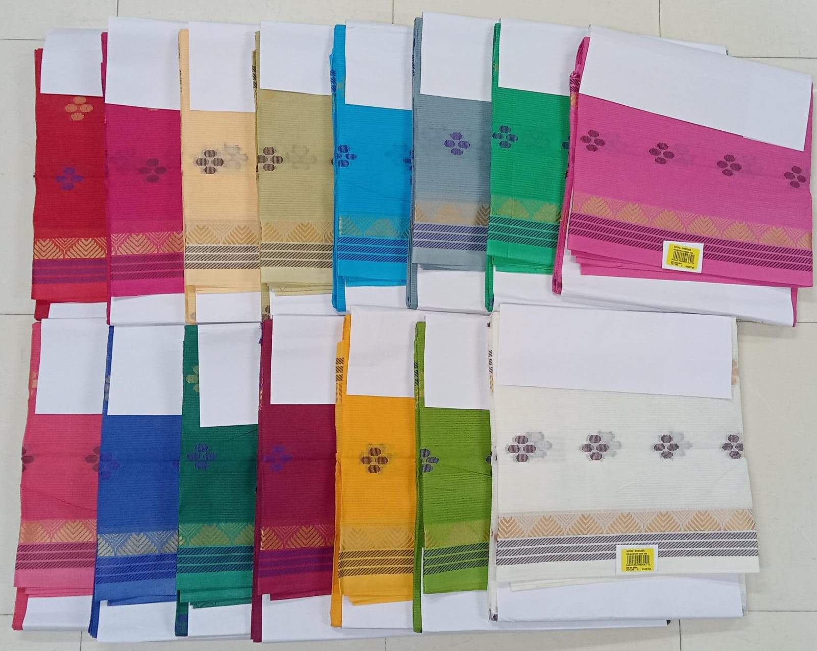 Sun flower Butta Cotton Saree with Contrast Woven Border – 15 Pcs Set-M.R. Saree Emporium