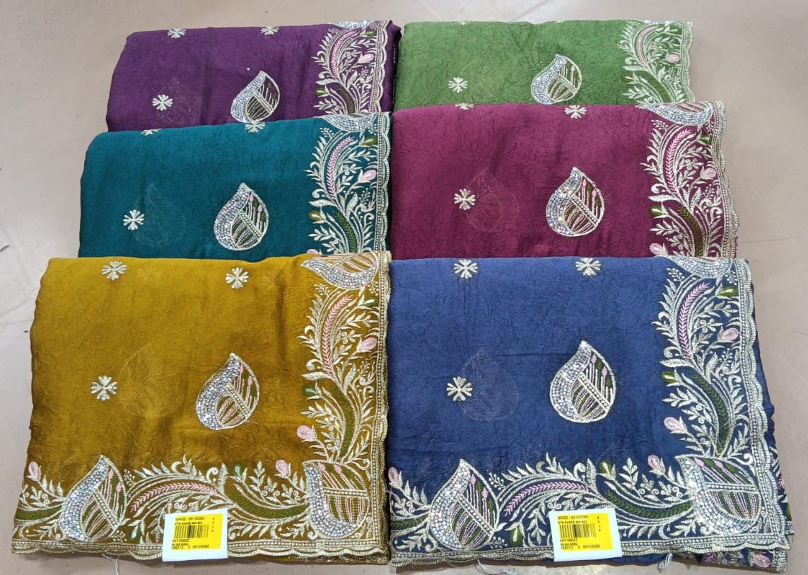 Georgette Saree – Elegant Embroidery & Festive Border Work 6 pcs Set– M.R. Saree Emporium