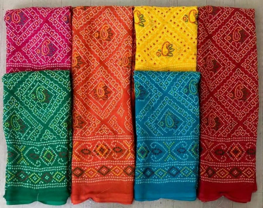 Traditional Bandhani Print Saree Set Multicolor Ethnic Wear 6 PCS Set – M.R. Saree Emporium