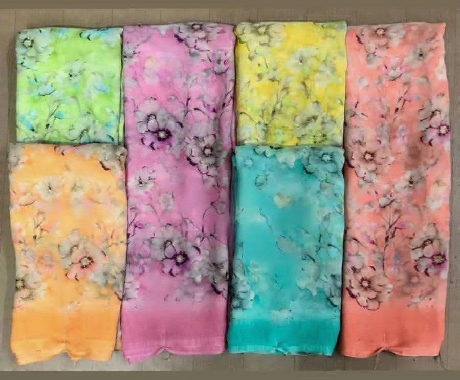 Pastel Floral Printed Saree – 6 Pcs Set Soft Fabric Daily & Summer Wear – M.R. Saree Emporium