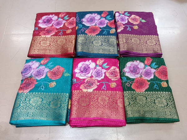 Floral Print Moss Chiffon Saree With Rich Zari Border –6 Pcs Set M.R. Saree Emporium