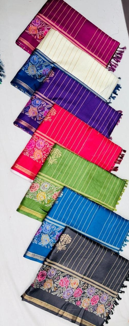 Matka Silk Saree 7 Pcs Set – Striped Body & Floral Border -M.R. Saree Emporium