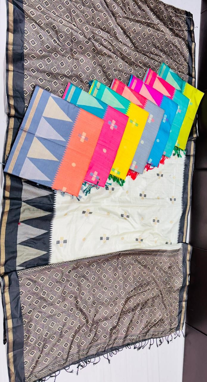 Matka Silk Fancy Saree 8 Pcs Set -Contrast Border & Square Butti Design – M.R. Saree Emporium