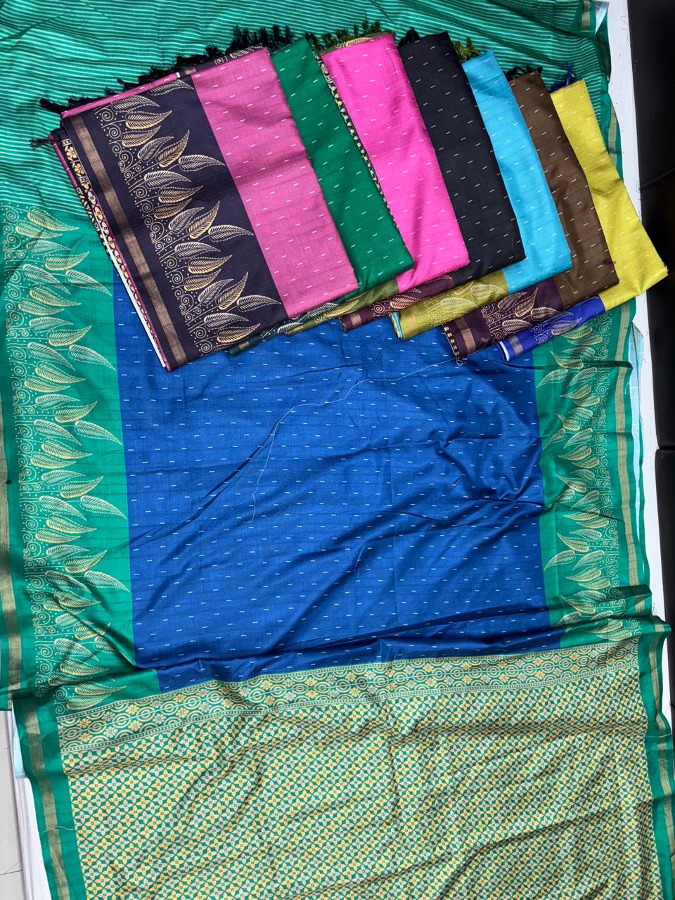 Matka Silk Fancy Saree 8 Pcs Set -Leaf Border & Self Butti Weaving – M.R. Saree Emporium