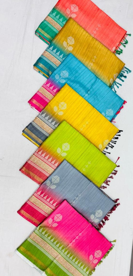 Matka Silk Fancy Saree 7 Pcs Set -Dual Shade Tree Motif & Contrast Border – M.R. Saree Emporium