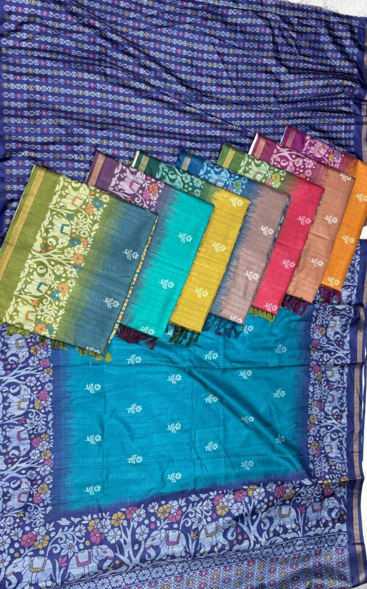 Matka Silk Fancy Saree 8 Pcs Set - Floral & Elephant Border with Dual Shade Body – M.R. Saree Emporium