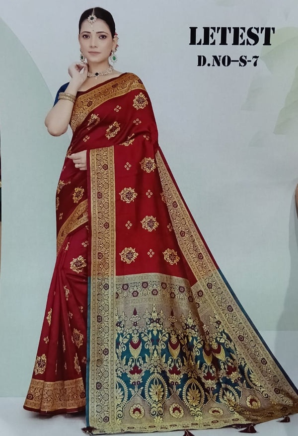 Latest Silk Banarasi Weaving Saree Set of 6 Pcs – M.R. Saree Emporium