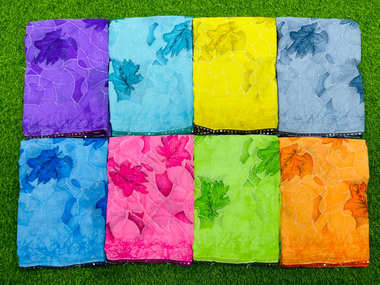 Zomato Printed Soft Daily Wear Saree – Multicolor Leaf Print-8 Pcs Set-M.R. Saree Emporium