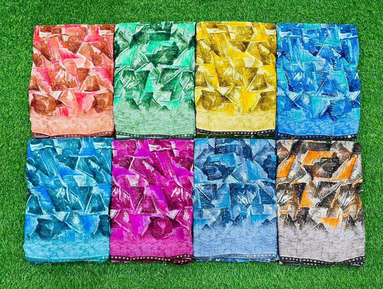 Zomato Printed-10 Soft Daily Wear Saree – Multicolor Leaf Print-8 Pcs Set-M.R. Saree Emporium