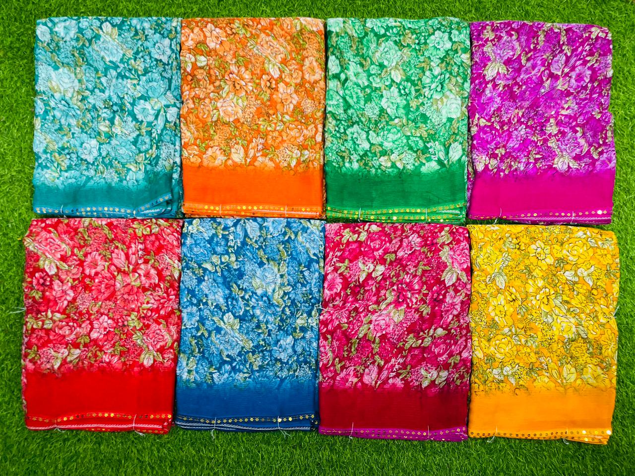 Zomato Printed-11 Soft Daily Wear Saree – Multicolor Leaf Print-8 Pcs Set-M.R. Saree Emporium