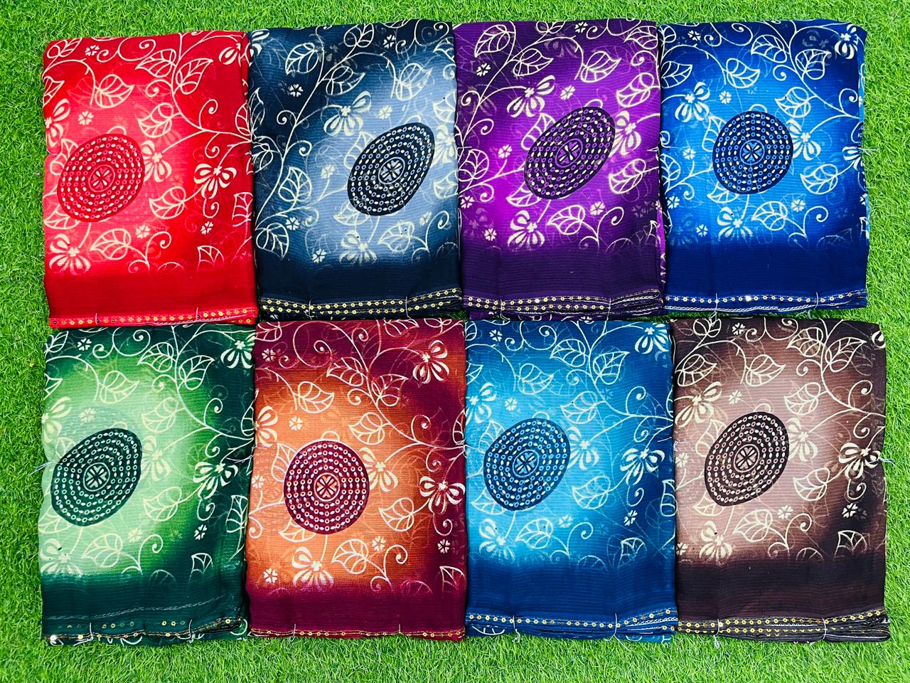 Zomato Printed-12 Soft Daily Wear Saree – Multicolor Leaf Print-8 Pcs Set-M.R. Saree Emporium