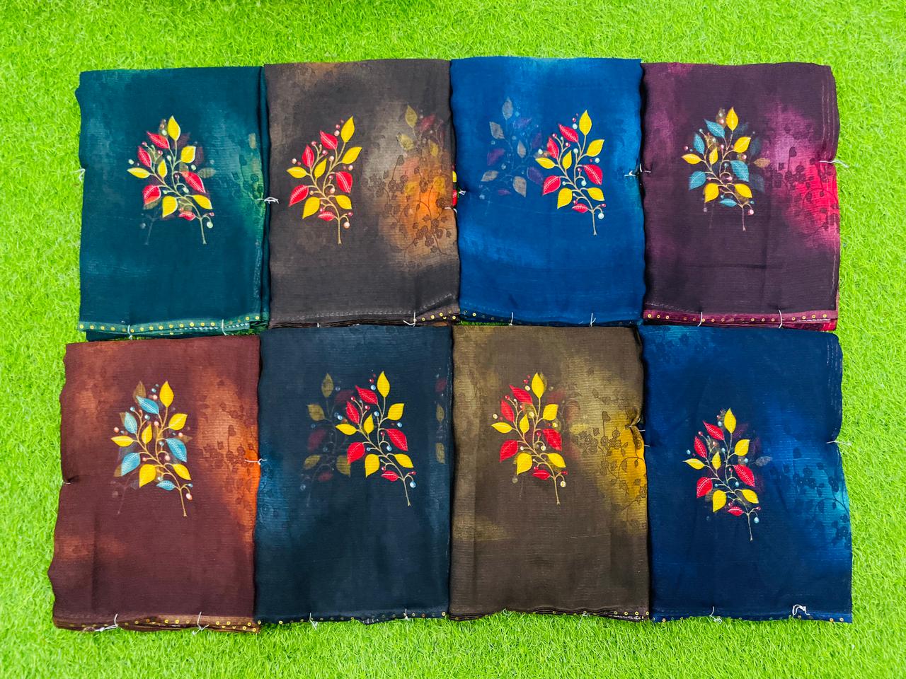 Zomato Printed-15 Soft Daily Wear Saree – Multicolor Leaf Print-8 Pcs Set-M.R. Saree Emporium