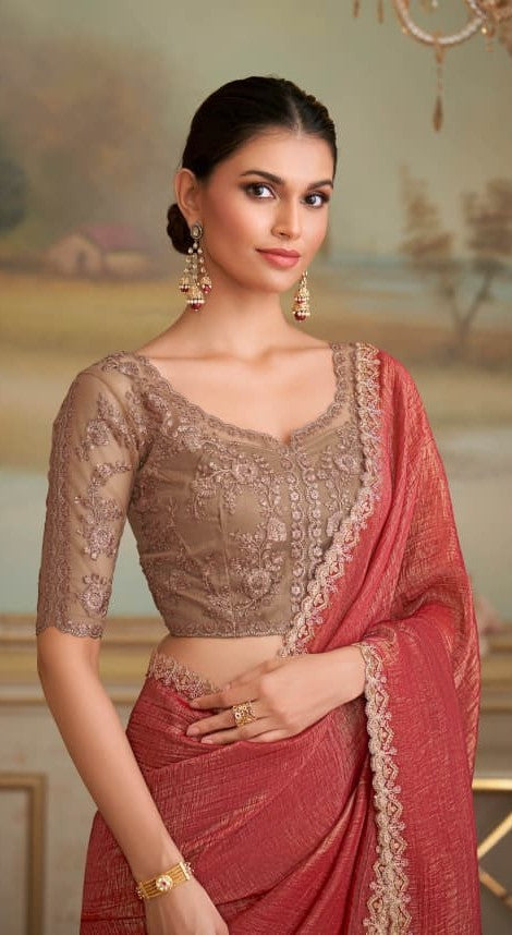 TFH SLS-8114 Rust Fancy Fabric Party Wear Saree