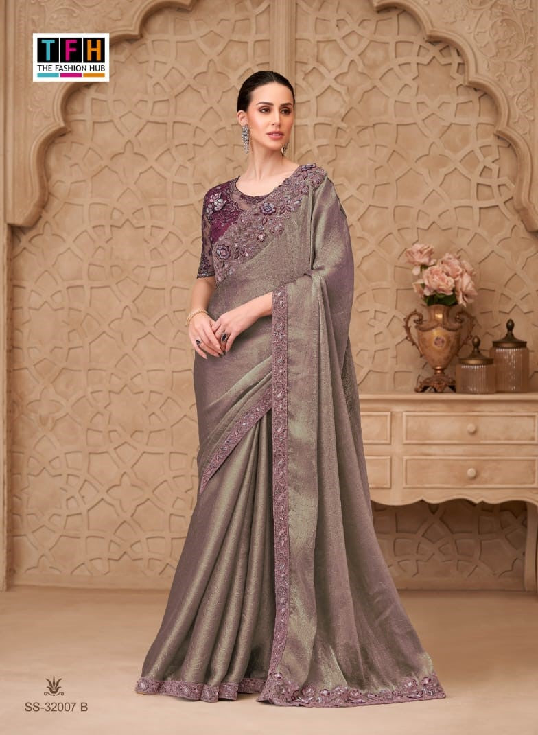 TFH Silver Screen-22 Designer Satin Crush Georgette Saree with Tussar Silk Blouse – M.R. Saree Emporium