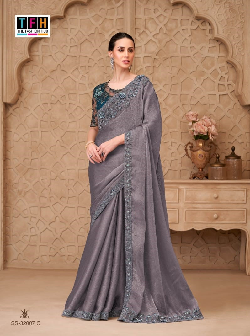 TFH Silver Screen-22 Designer Satin Crush Georgette Saree with Tussar Silk Blouse – M.R. Saree Emporium