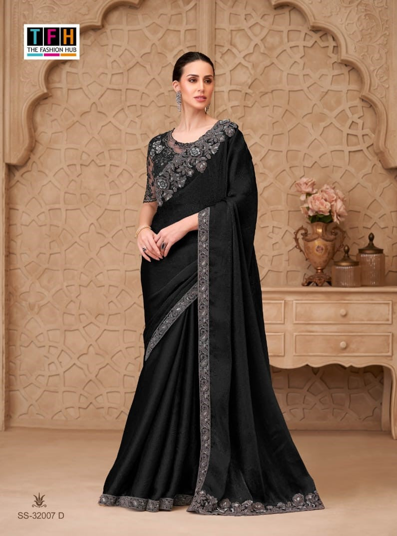 TFH Silver Screen-22 Designer Satin Crush Georgette Saree with Tussar Silk Blouse – M.R. Saree Emporium