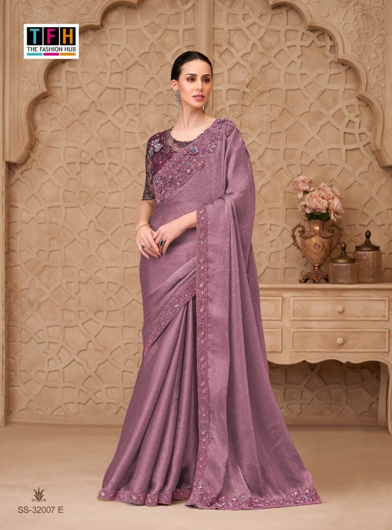 TFH Silver Screen-22 Designer Satin Crush Georgette Saree with Tussar Silk Blouse – M.R. Saree Emporium
