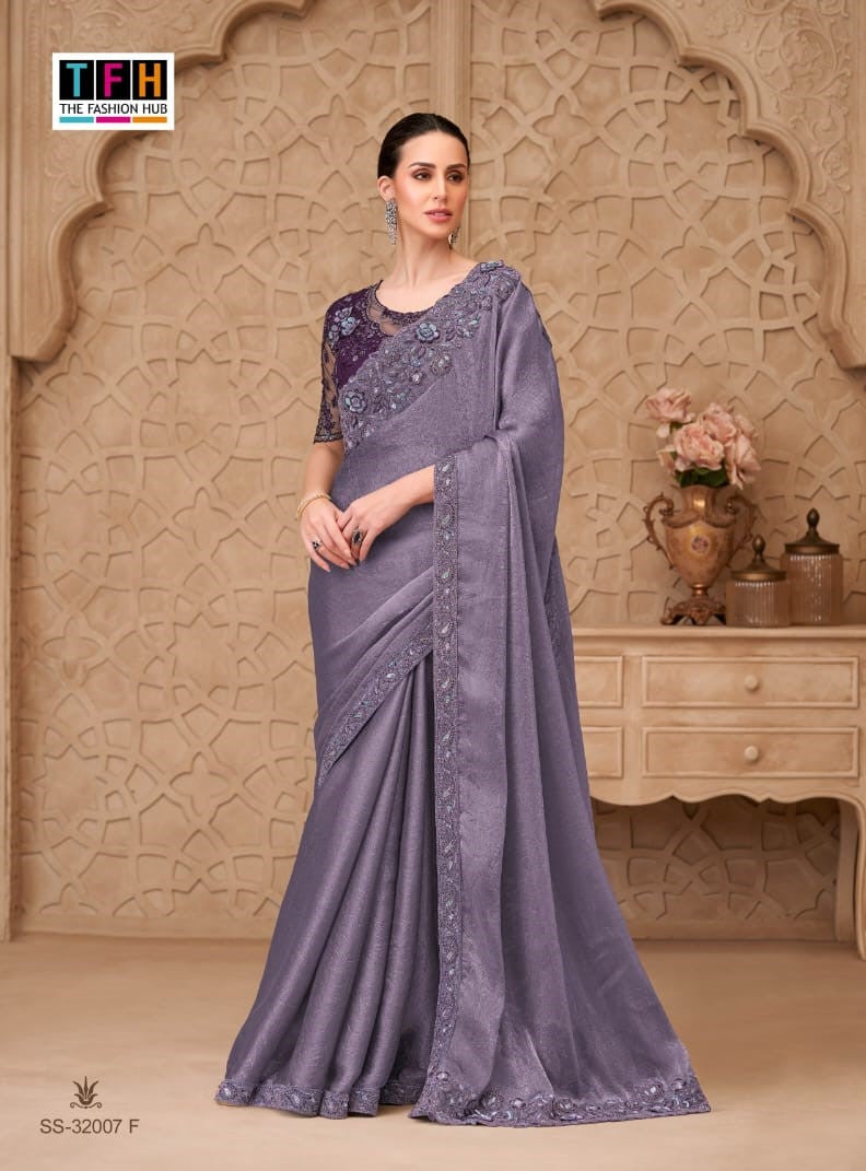 TFH Silver Screen-22 Designer Satin Crush Georgette Saree with Tussar Silk Blouse – M.R. Saree Emporium
