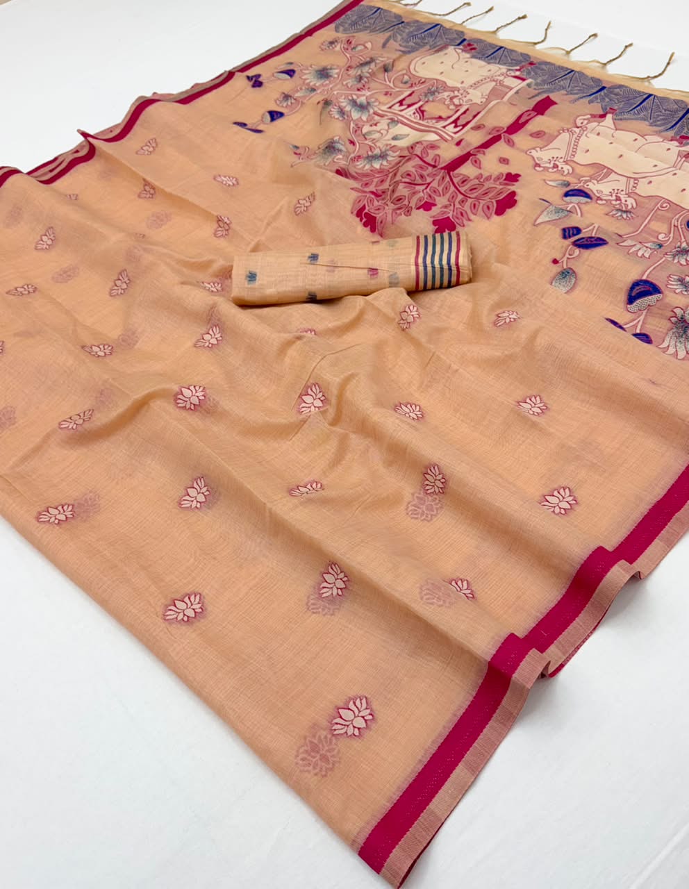 Tapti Cotton Saree - Jamdani Weaving Border & Pichwai Pallu-6 Pcs Set.