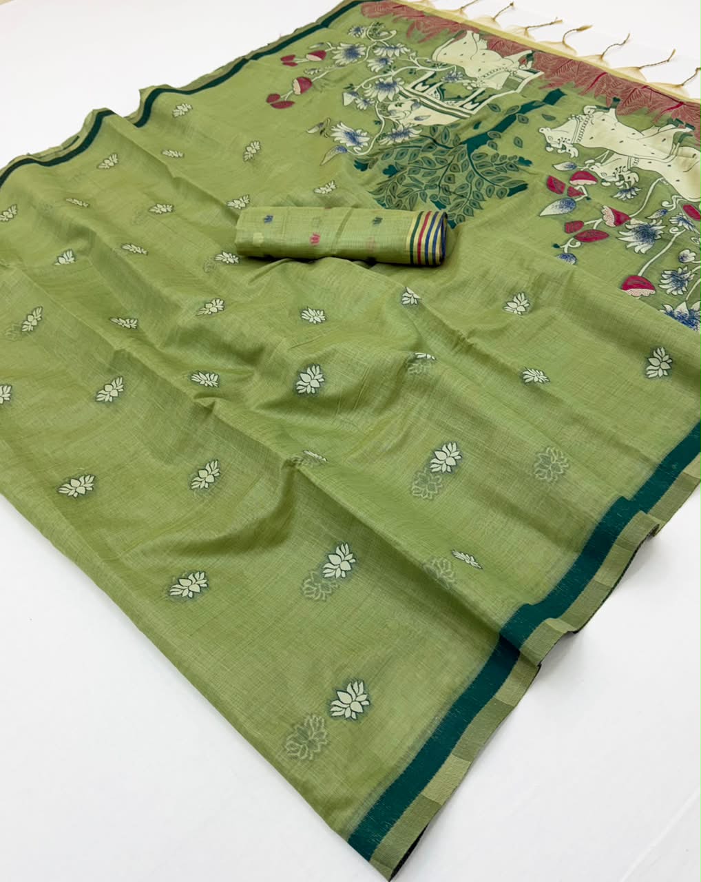 Tapti Cotton Saree - Jamdani Weaving Border & Pichwai Pallu-6 Pcs Set.