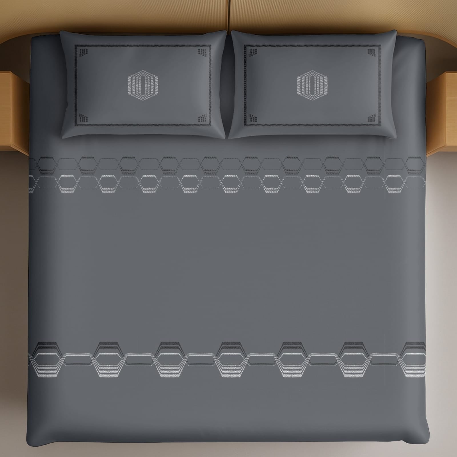 Thread Square Dark Grey Hexagon Pattern King Size Cotton Bedsheet With 2 Pillow Covers-M.R. Saree Emporium