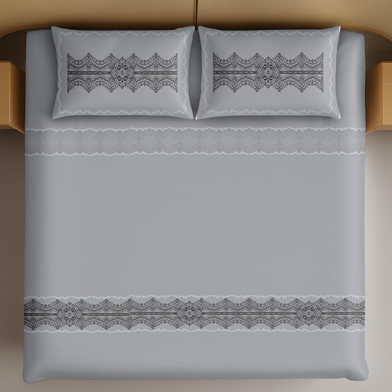 Thread Squre Light Grey Ornamental Lace Pattern King Size Cotton Bedsheet With 2 Pillow Covers-M.R. Saree Emporium