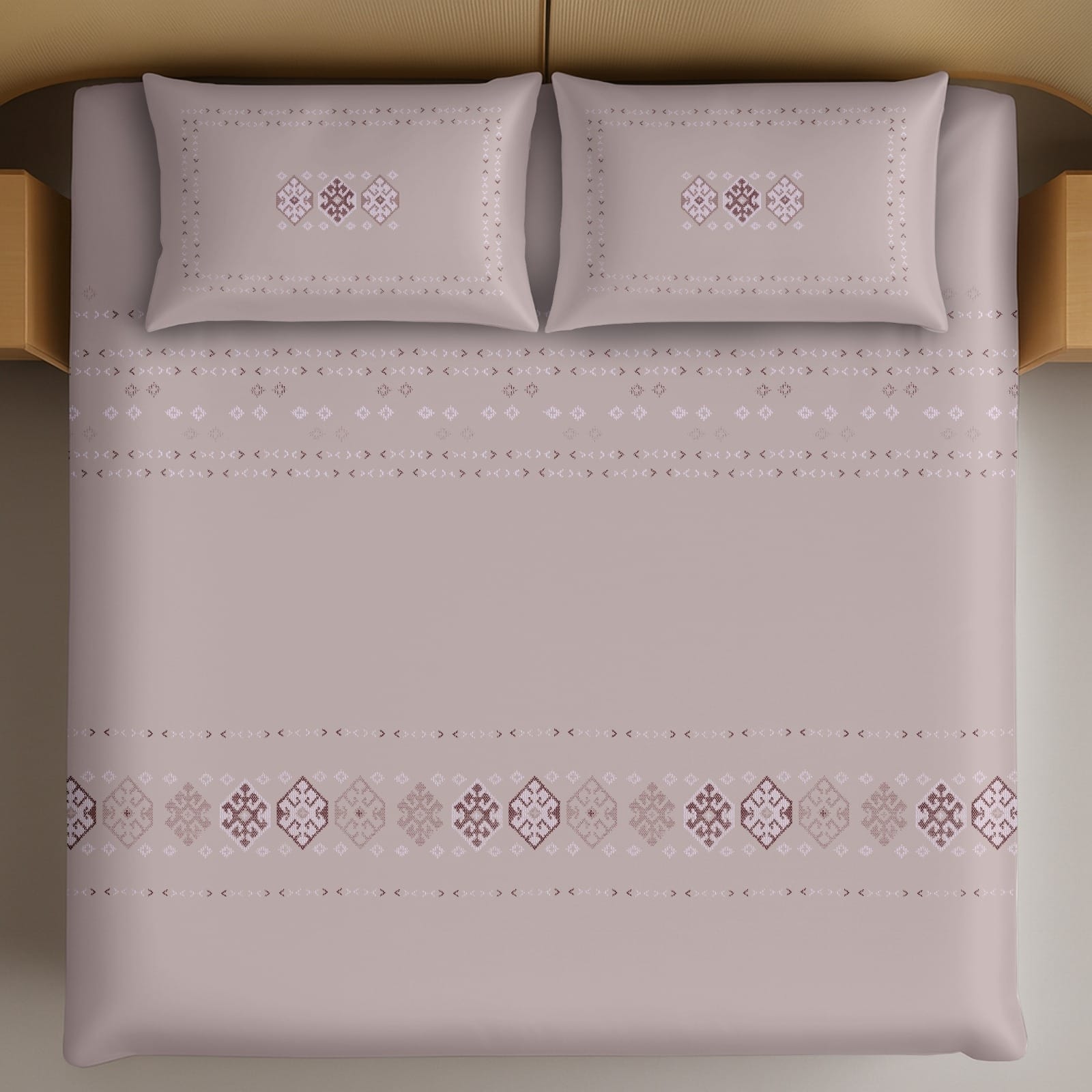 Thread Square Beige Ethnic Geometric Pattern King Size Cotton Bedsheet With 2 Pillow Covers-M.R. Saree Emporium
