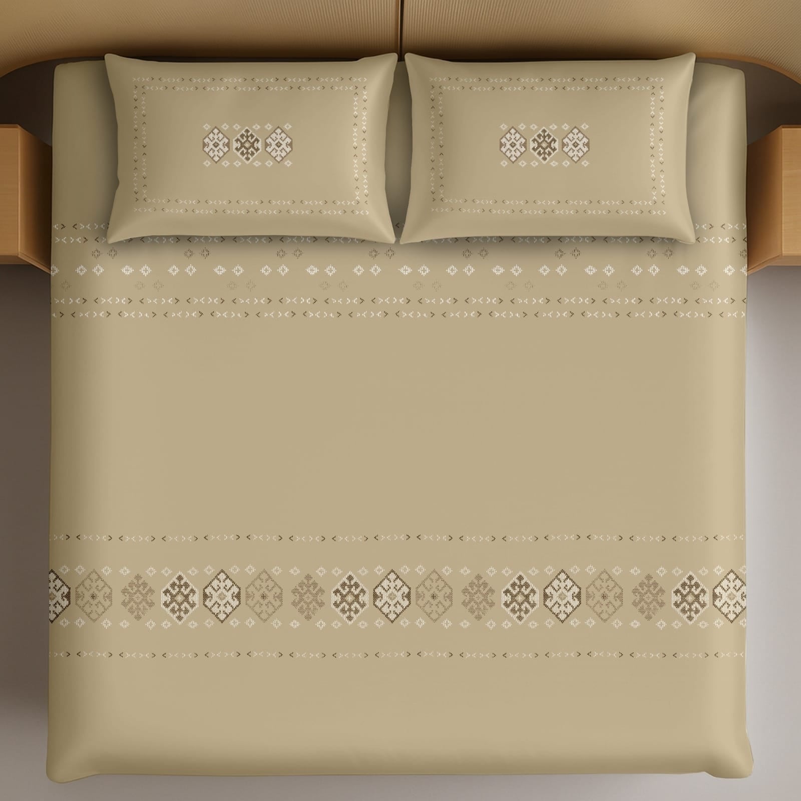 Thread Square Golden Beige Ethnic Geometric Pattern King Size Cotton Bedsheet With 2 Pillow Covers-M.R. Saree Emporium